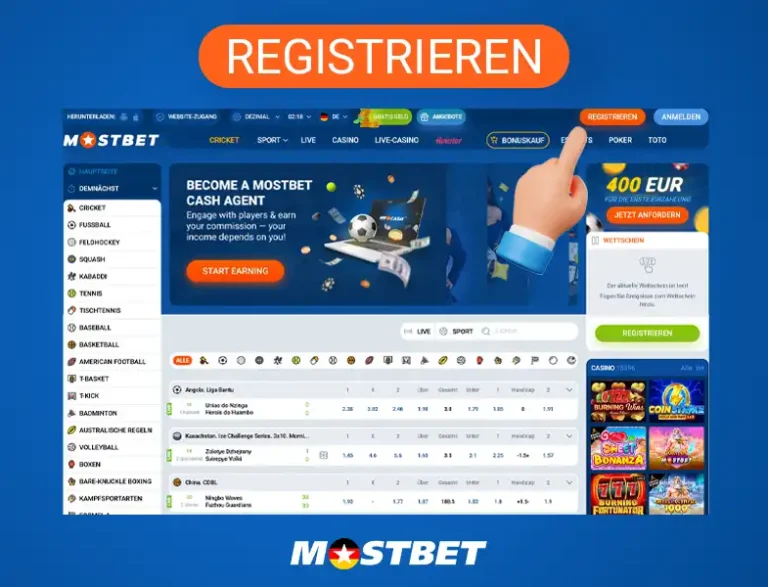 Klicken Sie auf der offiziellen Mostbet-Website auf die orangefarbene Schaltfläche „Registrieren“, Schritt 1